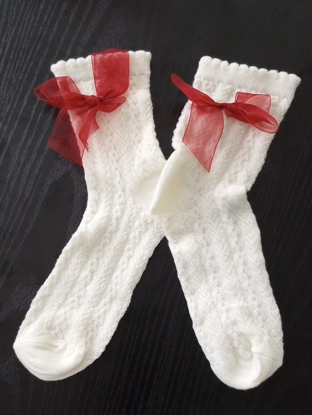 Classic Cream Knit Crew Ankle Socks with Red Bow Accent